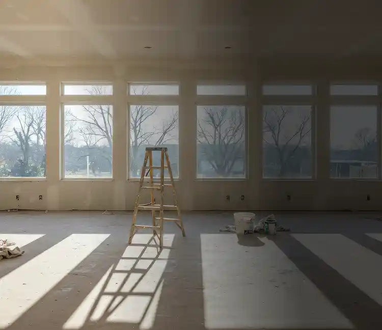 Een lege, lichte kamer in renovatie met een trap, emmers en zonlicht dat door de grote ramen naar binnen valt.